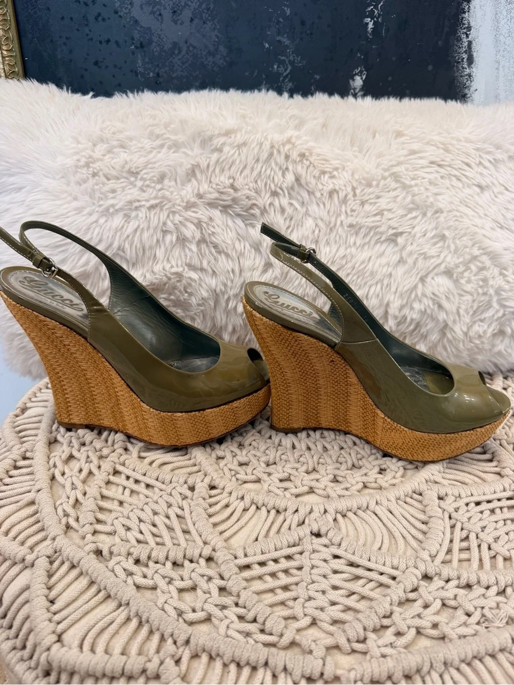 Gucci Olive Patent Leather Raffia Wedge Slingback